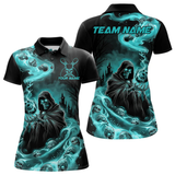 Maxcorners Custom Grim Reaper Bowling Polo Shirts For Men, Teal Blue Flame Skull Halloween Design LM105