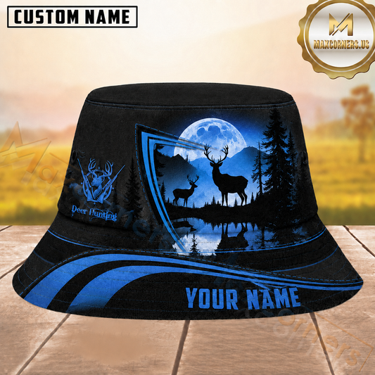Maxcorners Deer Hunting Blue Sunset Stag Scene Personalized Name 3D Bucket Hat