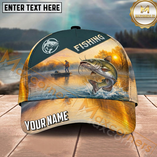 Maxcorners Fishing Sunset Lake Angler Personalized Name 3D Cap (12 Fish Species)