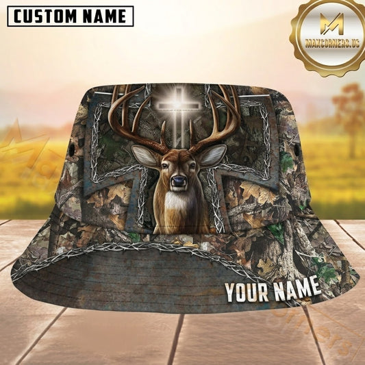 Maxcorners Deer Hunting Woodland Camo Cross Personalized Name 3D Bucket Hat