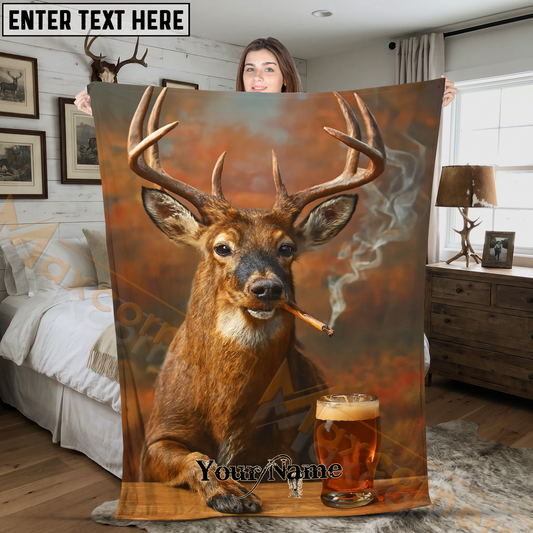 Maxcorners Cool Whitetail Buck Deer Smoking Cigar with Beer Personalized 3D Blanket