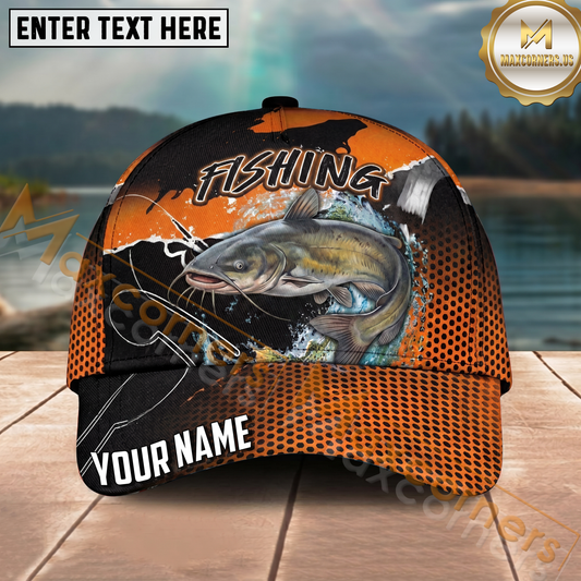 Maxcorners Fishing Orange Black Halftone Water Splash Personalized Name 3D Cap (12 Fish Species)