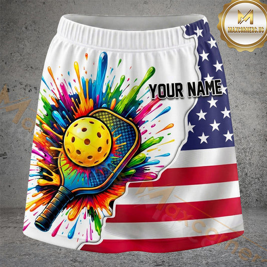 Maxcorners Pickleball American Flag Rainbow Splash Ball Personalized 3D Skort, Skirts With Shorts