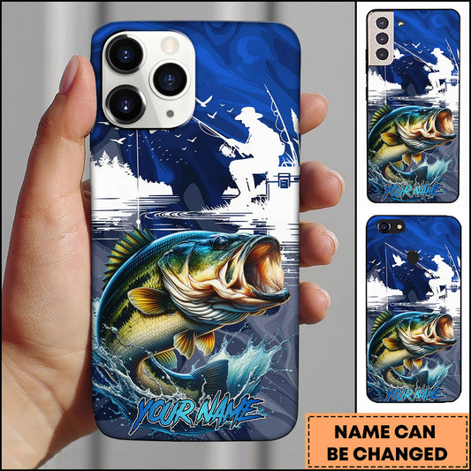 Maxcorners Fishing Vintage Blue Fishing Scene with Silhouette Angler and Dynamic Water Splash Personalized Name Phone Case (13 Fish Species)