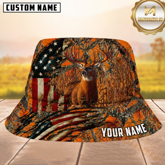 Maxcorners Deer Hunting Orange Camo Patriotic Flag Personalized Name 3D Bucket Hat