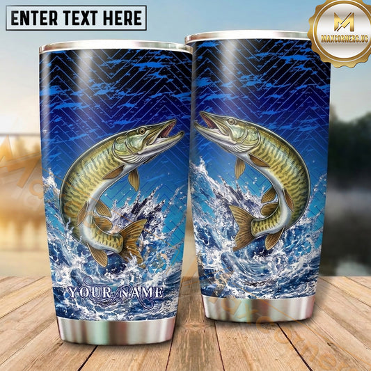 Maxcorners Fishing Tumbler Electric Blue Wave Grid Design Personalized Name Tumbler (13 Species)