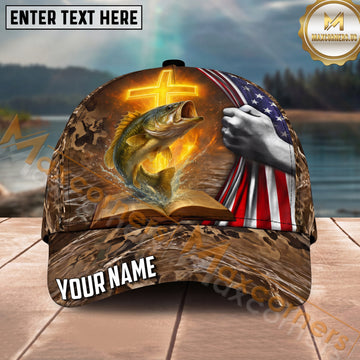 Maxcorners Fishing Patriotic Camo Flag Cross Personalized Name 3D Cap (12 Fish Species)