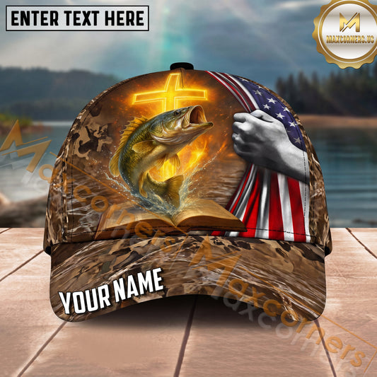 Maxcorners Fishing Patriotic Camo Flag Cross Personalized Name 3D Cap (12 Fish Species)