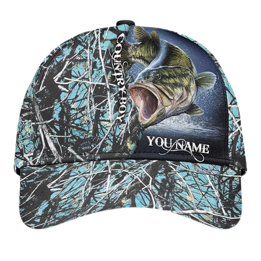 Maxcorners Country Boy Custom Largemouth Bass Baseball Cap, Custom Bass Fishing 3D Printed Caps LM0402