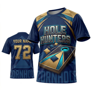 Maxcorners Cornhole Hole Hunters Navy Gold Personalized Name 3D Unisex Shirt