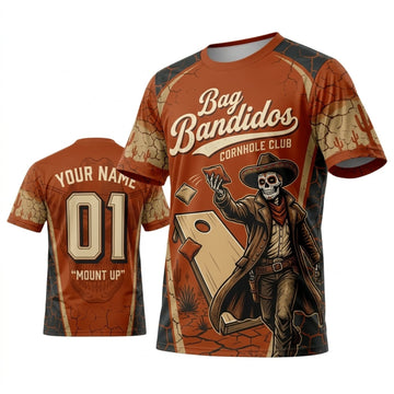 Maxcorners Cornhole Bag Bandidos Rust Orange Western Outlaw Personalized Name 3D Unisex Shirt