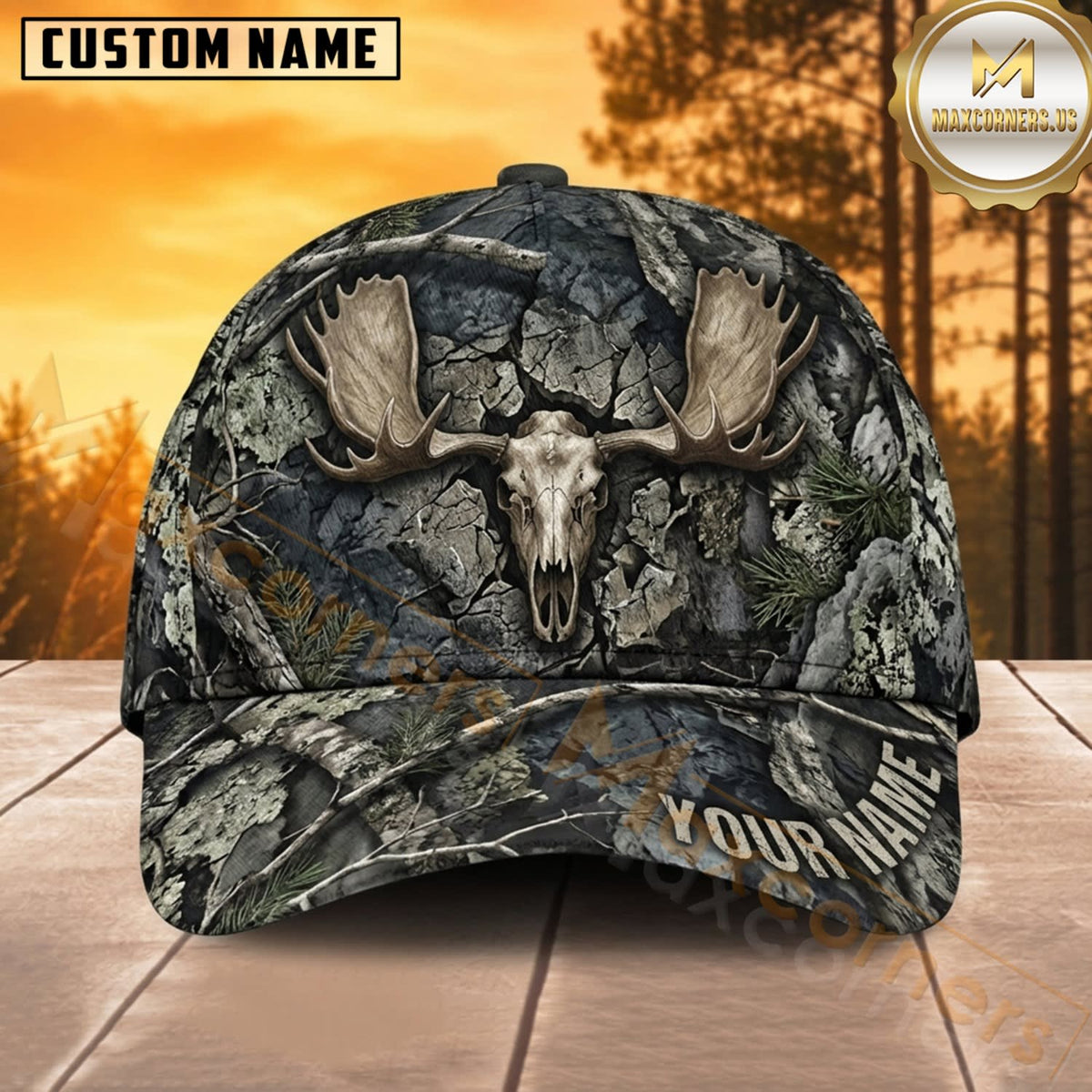 Maxcorners Moose Hunting Bull Moose Silver Moose Skull Gray Bark Camo Customized Name 3D Cap