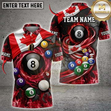 Maxcorners Billiards Canadian Flag Flaming 8 Ball And Pool Cue Personalized Name 3D Unisex Shirt