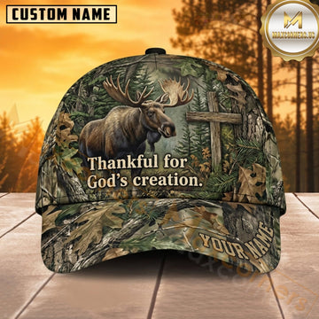 Maxcorners Moose Hunting Bull Moose Thankful for Gods Creation Woodland Camo Customized Name 3D Cap