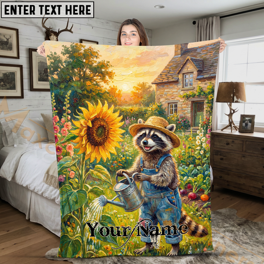 Maxcorners Lovely Raccoon Gardener at Country Cottage Sunset Personalized 3D Blanket