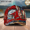 Maxcorners Fishing Ripped Red American Flag Hook Personalized Name 3D Cap (12 Fish Species)