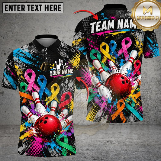 Maxcorners Bowling Cancer Awareness Ribbons Paint Splatter Graffiti Ball Pins Graphic Customized Name, Team Name 3D Shirts