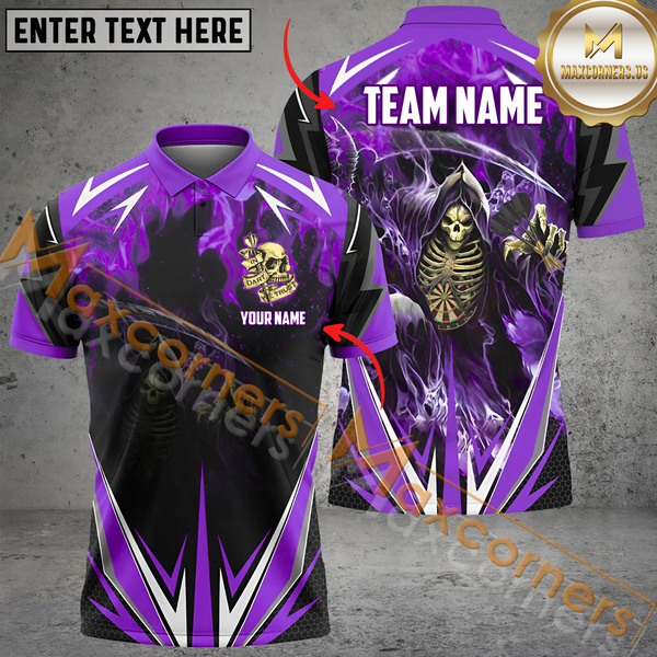 Maxcorners Darts Skull Thunder Lightning Multilcolor Option Customized Name, Team Name 3D Polo Shirt