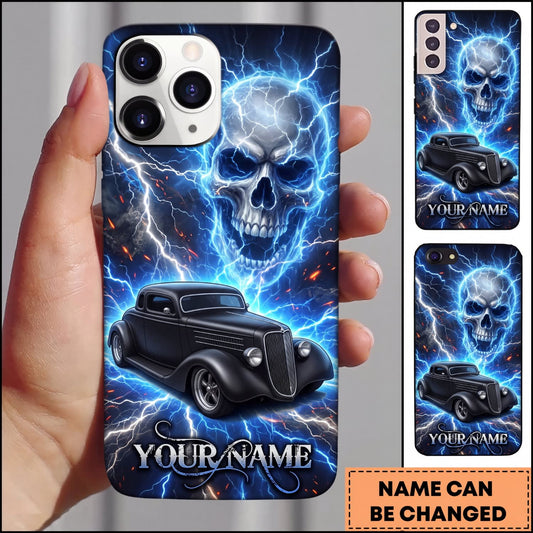 Maxcorners Hot Rod Black Vintage Car with Blue Lightning Skull and Electric Storm Personalized Name 3D Phone Case