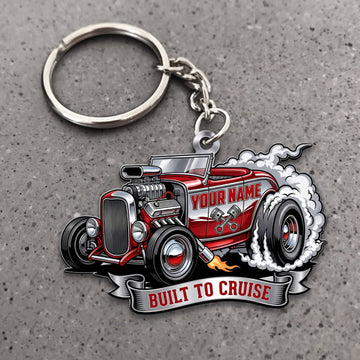Maxcorners Hot Rod Silver Red Classic Roadster with Chrome Engine and Built to Cruise Banner Personalized Name 3D Keychain And Ornament