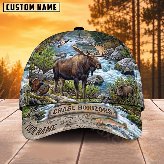Maxcorners Moose Hunting Mountain Stream Chase Horizons Personalized Name 3D Cap
