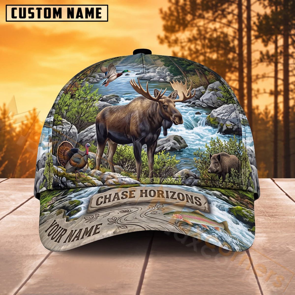 Maxcorners Moose Hunting Mountain Stream Chase Horizons Personalized Name 3D Cap