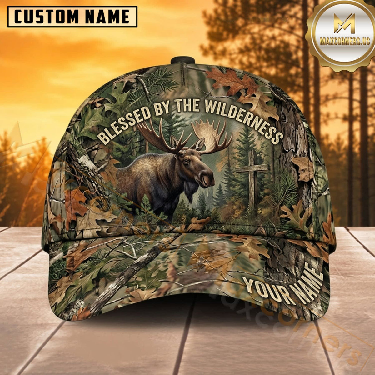 Maxcorners Moose Hunting Bull Moose Blessed by the Wilderness Sunset Forest Camo Customized Name 3D Cap