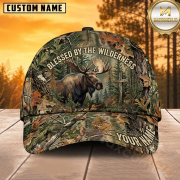 Maxcorners Moose Hunting Bull Moose Blessed by the Wilderness Sunset Forest Camo Customized Name 3D Cap