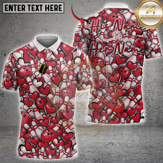 Maxcorners Bowling Heart Pattern Couple Personalized His Name And Her Name 3D Unisex Shirt