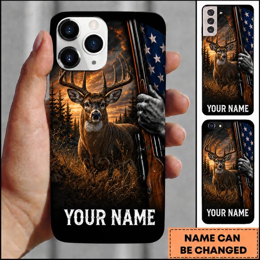 Maxcorners Hunting Deer American Flag Sunset Customized Name 3D Phone Case