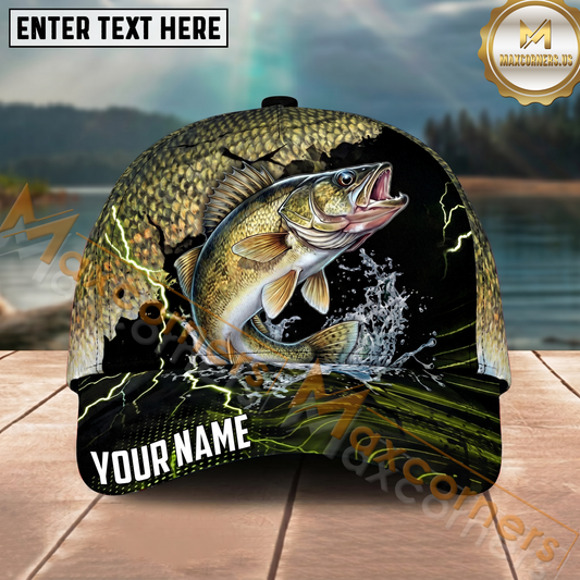 Maxcorners Fishing Gold Scale Lightning Splash Personalized Name 3D Cap (12 Fish Species)