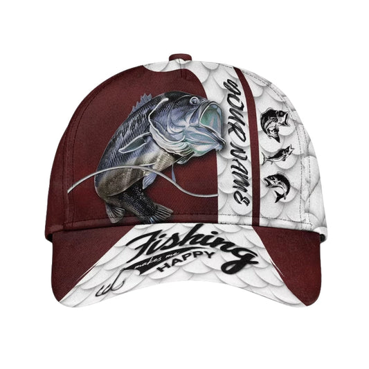 Maxcorners Fishing Makes Me Happy Custom Fishing Baseball Cap, Custom 3D Caps Hats For Fishing Lovers LM0402