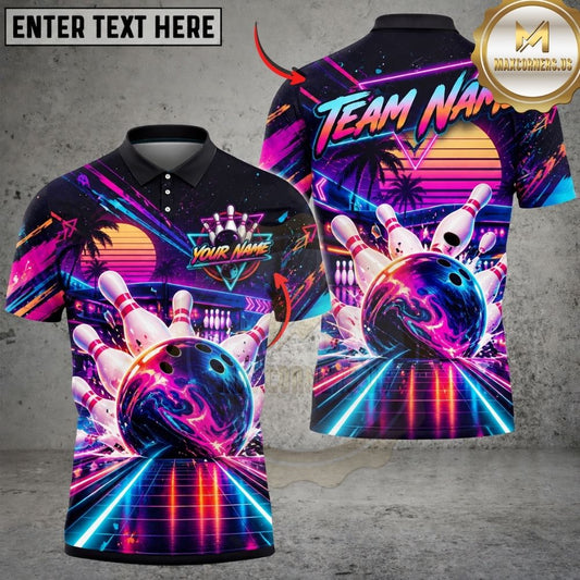 Maxcorners Bowling Retro Synthwave Grid Palm Trees Sunset Pins Strike Artwork Multicolor Customized Name, Team Name 3D Shirts