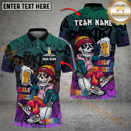 Maxcorners Golf & Beer Time Polo Personalized Name, Team Name 3D Shirt (4 Colors) Multicolor Customized Name, Team Name 3D Shirts