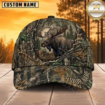Maxcorners Moose Hunting Bull Moose Woodland Antlers Rustic Leaf Camo Customized Name 3D Cap
