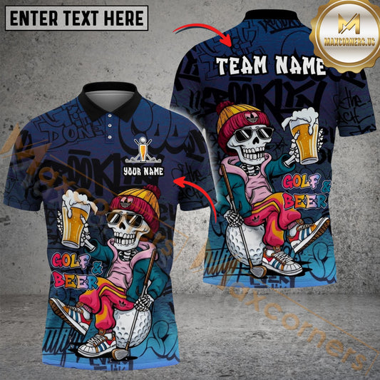Maxcorners Golf & Beer Time Polo Personalized Name, Team Name 3D Shirt (4 Colors) Multicolor Customized Name, Team Name 3D Shirts