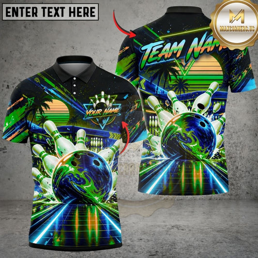 Maxcorners Bowling Retro Synthwave Grid Palm Trees Sunset Pins Strike Artwork Multicolor Customized Name, Team Name 3D Shirts