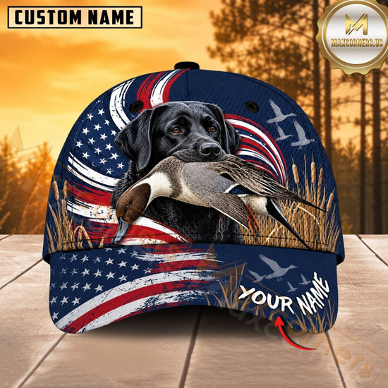 Maxcorners Dog Hunting And Duck Navy Blue Patriotic American Flag Personalized Name 3D Cap