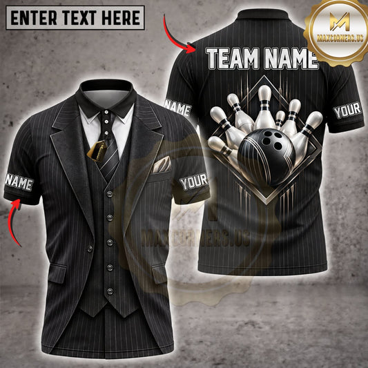 Maxcorners Bowling Elegant Black Tuxedo Silver Bowling Ball Personalized Name 3D Unisex Shirt