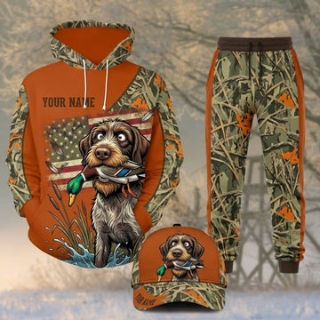 Maxcorners Duck Hunting Cartoon Retriever American Flag Orange Camo Personalized 3D Shirts