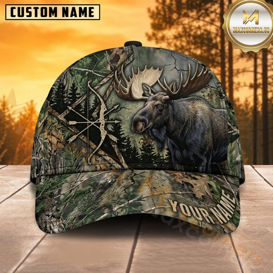 Maxcorners Moose Hunting Bull Moose Close Up Evergreen Forest Camo Customized Name 3D Cap