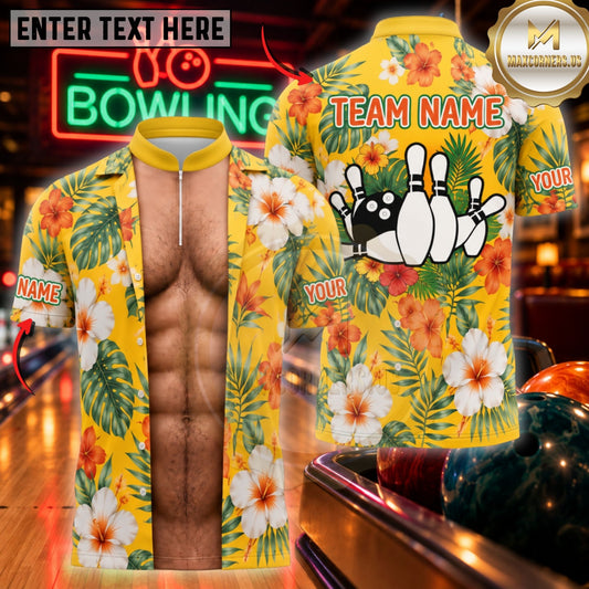 Maxcorners Bowling Aloha Floral Shirt Muscular Chest Pins Top Customized Name, Team Name 3D Shirts