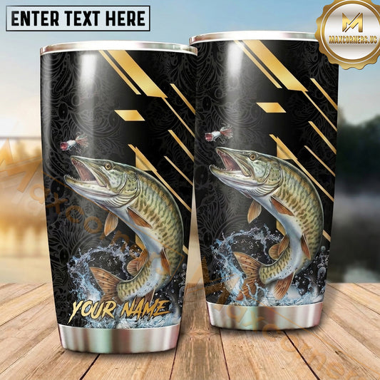 Maxcorners Fishing Tumbler Black Gold Speed Line Design Personalized Name Tumbler (13 Species)