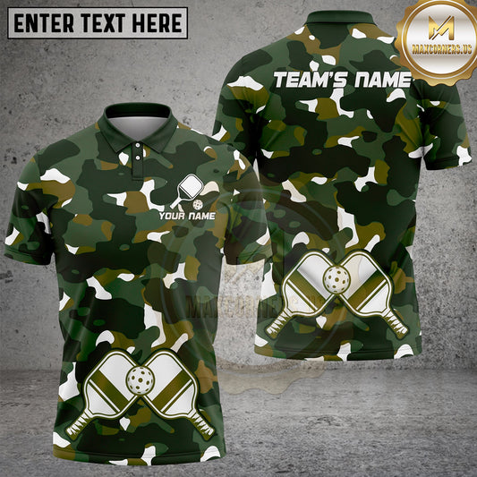Maxcorners Pickleball Polo Military Camo Crossed Paddles Multiple Options Personalized Name, Team Name 3D Shirt