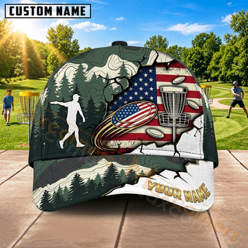 Maxcorners Disc Golf Basket & Eagle Graphic with Mountain Landscape Customized Name 3D Cap