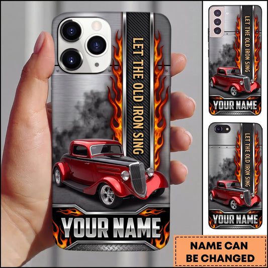 Maxcorners Hot Rod Red Vintage Car with Vertical Racing Stripes and Orange Flames Personalized Name 3D Phone Case