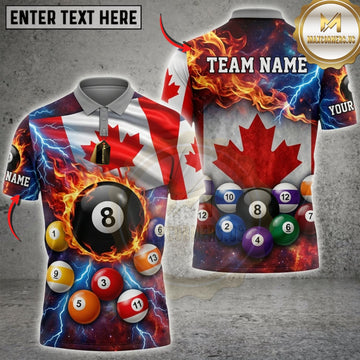 Maxcorners Billiards Canadian Flag Flaming 8 Ball And Colorful Pool Balls Personalized Name 3D Unisex Shirt