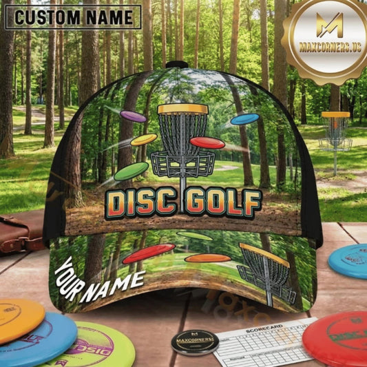 (2 Colors) Maxcorners Disc Golf Forest Chain Basket & Flying Discs Personalized Name 3D Cap LM3009