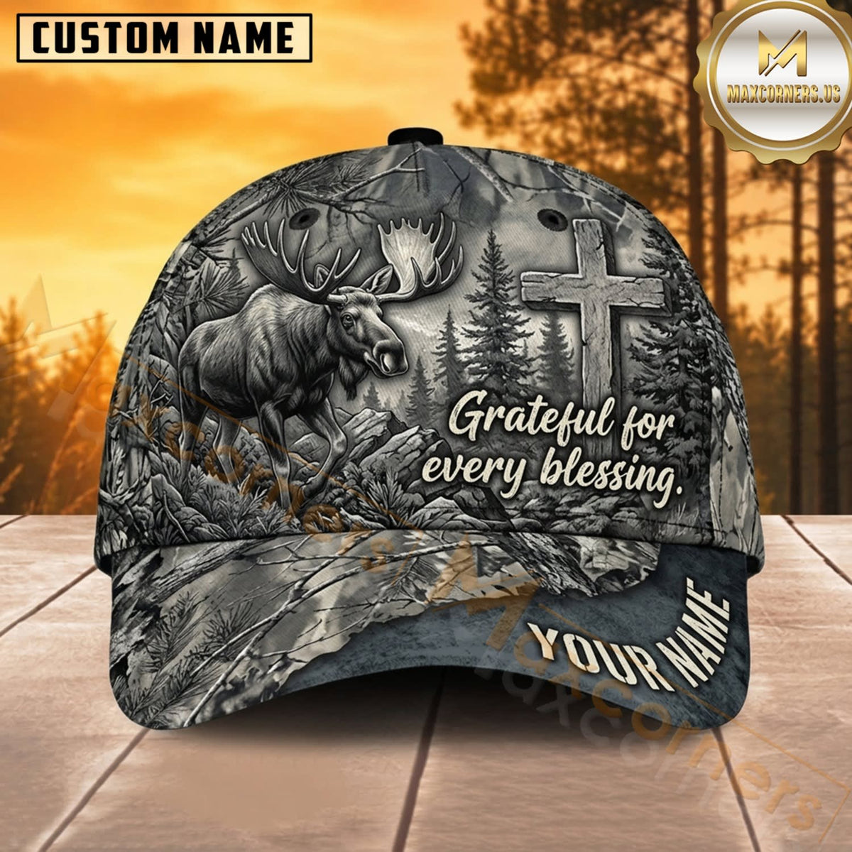 Maxcorners Moose Hunting Bull Moose Grateful for Every Blessing Gray Tree Bark Camo Customized Name 3D Cap