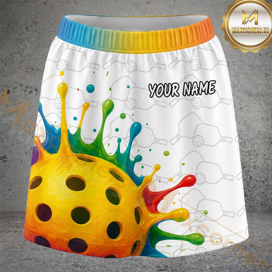 Maxcorners Pickleball Rainbow Waistband Paint Splash Ball Personalized 3D Skort, Skirts With Shorts
